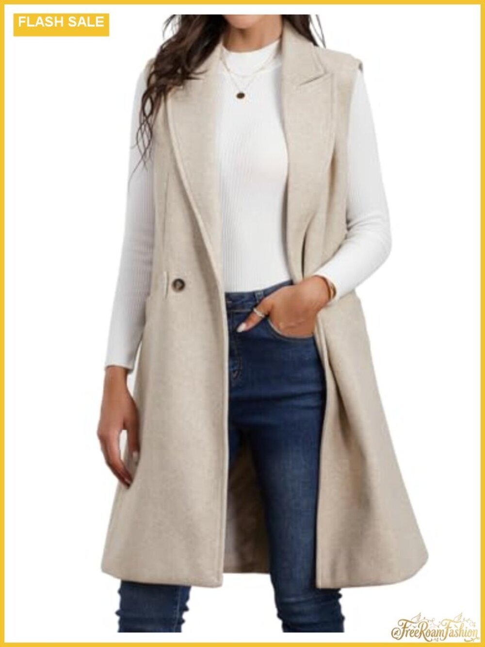 Wool Blend Long Vest Sleeveless Blazer Jacket Knee Length Waistcoat